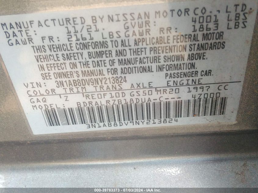 2022 Nissan Sentra Sr Xtronic Cvt VIN: 3N1AB8DV9NY213824 Lot: 39783373