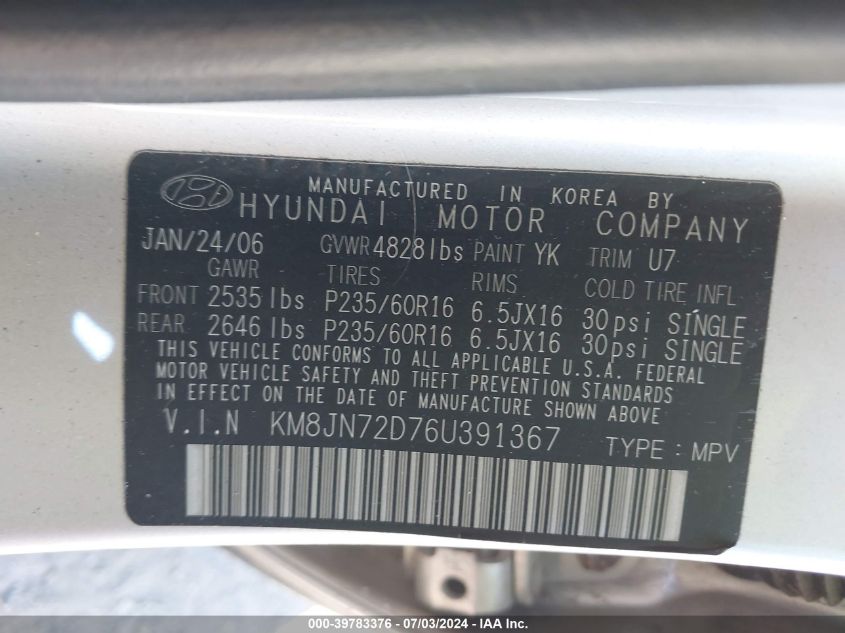 2006 Hyundai Tucson Gls/Limited VIN: KM8JN72D76U391367 Lot: 39783376