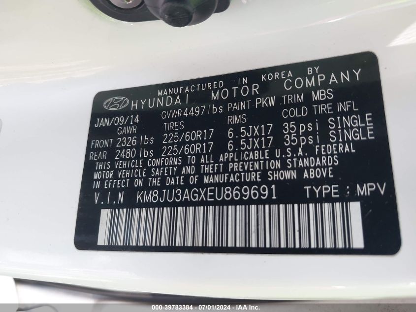 2014 Hyundai Tucson Se VIN: KM8JU3AGXEU869691 Lot: 39783384