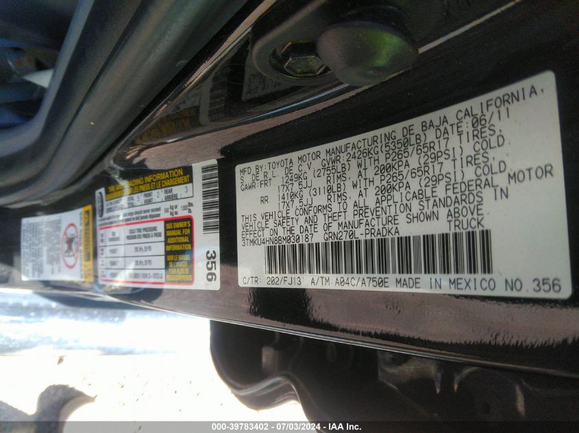 2011 Toyota Tacoma Prerunner V6 VIN: 3TMKU4HN8BM030187 Lot: 39783402