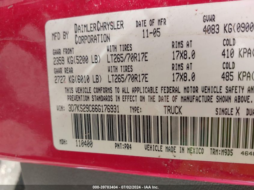 2006 Dodge Ram 2500 Slt VIN: 3D7KS29C66G176931 Lot: 39783404