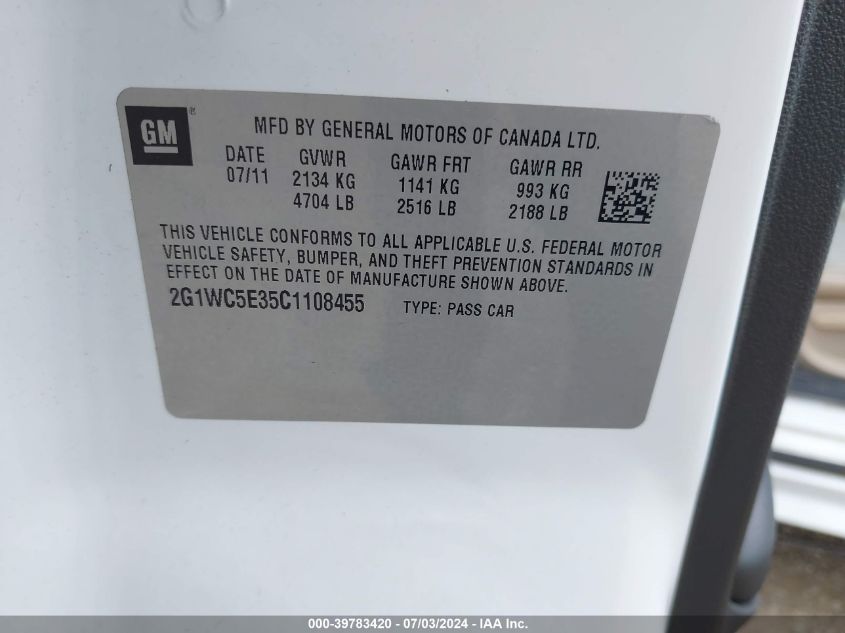 2012 Chevrolet Impala Ltz VIN: 2G1WC5E35C1108455 Lot: 39783420