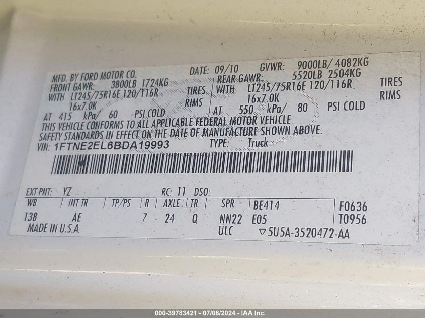 2011 Ford E-250 Commercial VIN: 1FTNE2EL6BDA19993 Lot: 39783421