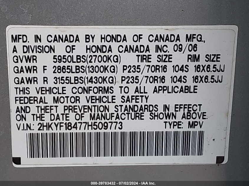 2007 Honda Pilot Ex VIN: 2HKYF18477H509773 Lot: 39783432