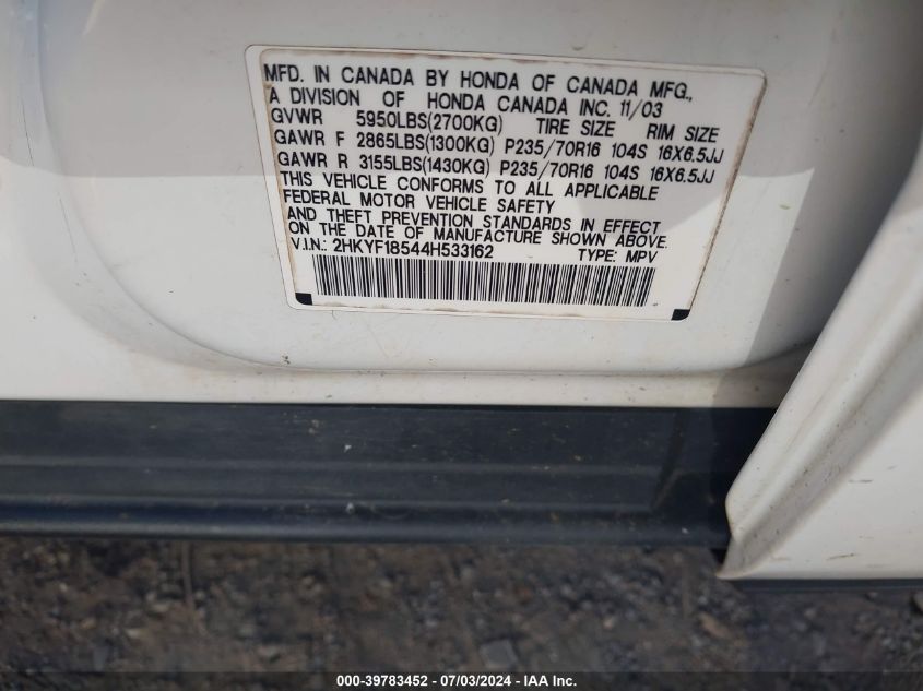 2004 Honda Pilot Ex-L VIN: 2HKYF18544H533162 Lot: 39783452
