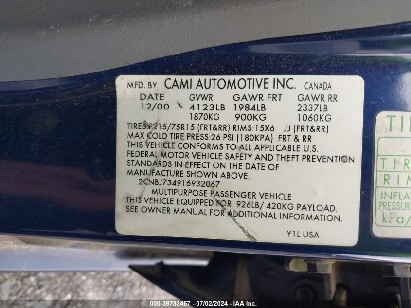 2001 Chevrolet Tracker Hard Top Zr2 VIN: 2CNBJ734916932067 Lot: 39783457