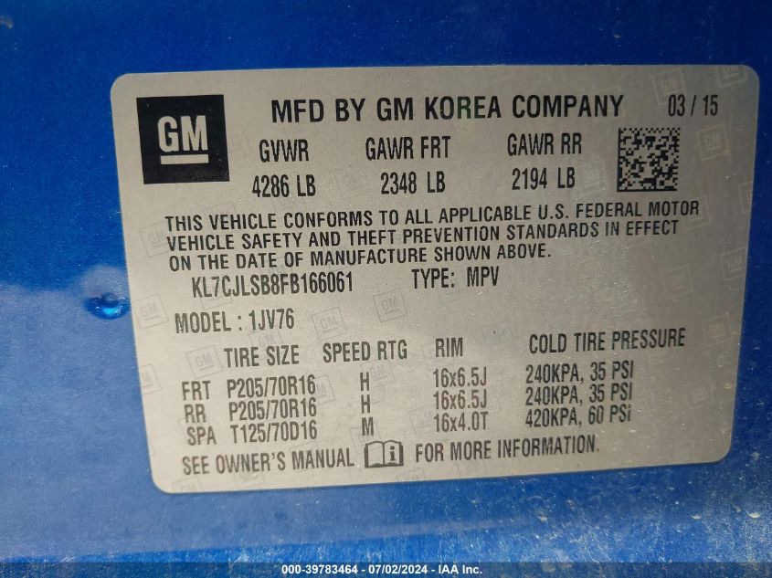 2015 Chevrolet Trax Lt VIN: KL7CJLSB8FB166061 Lot: 39783464