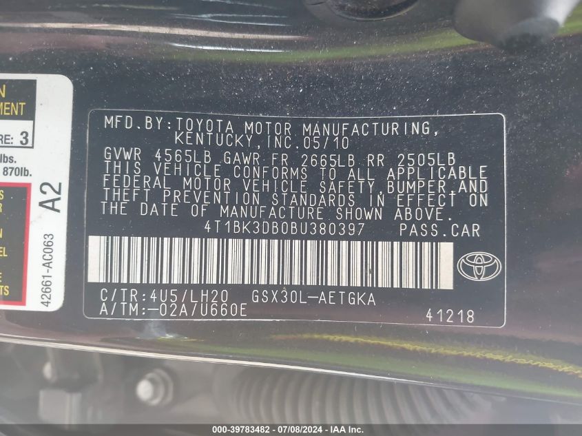 2011 Toyota Avalon VIN: 4T1BK3DB0BU380397 Lot: 39783482