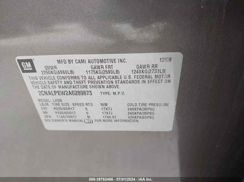 2010 Chevrolet Equinox Lt VIN: 2CNALPEW2A6289873 Lot: 39783486