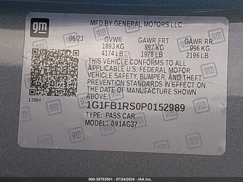 2023 Chevrolet Camaro Rwd 1Lt VIN: 1G1FB1RS0P0152989 Lot: 39783501
