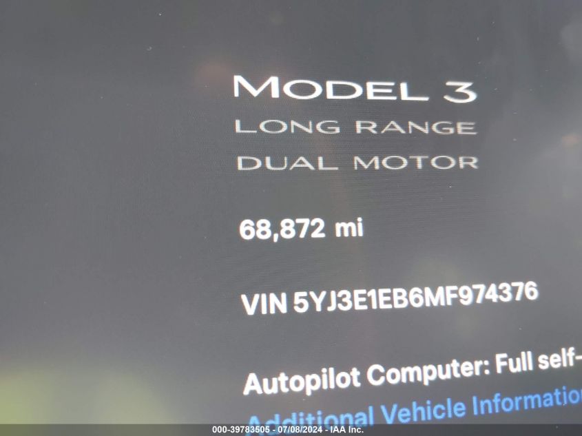 2021 Tesla Model 3 Long Range Dual Motor All-Wheel Drive VIN: 5YJ3E1EB6MF974376 Lot: 39783505