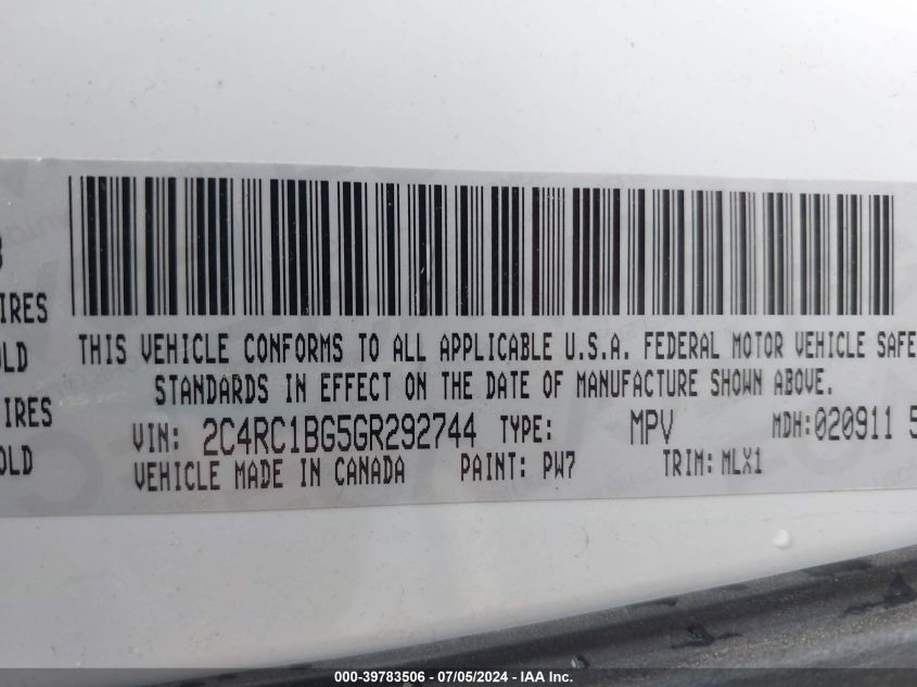 2016 Chrysler Town & Country Touring VIN: 2C4RC1BG5GR292744 Lot: 39783506