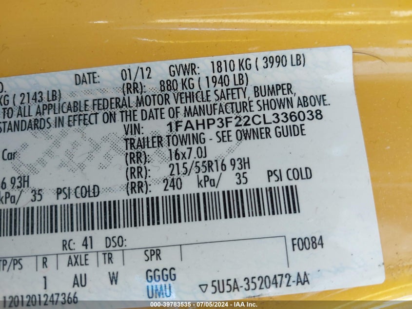 2012 Ford Focus Se VIN: 1FAHP3F22CL336038 Lot: 39783535