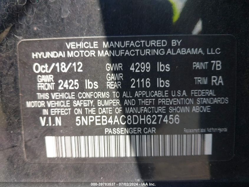2013 Hyundai Sonata Gls VIN: 5NPEB4AC8DH627456 Lot: 39783537