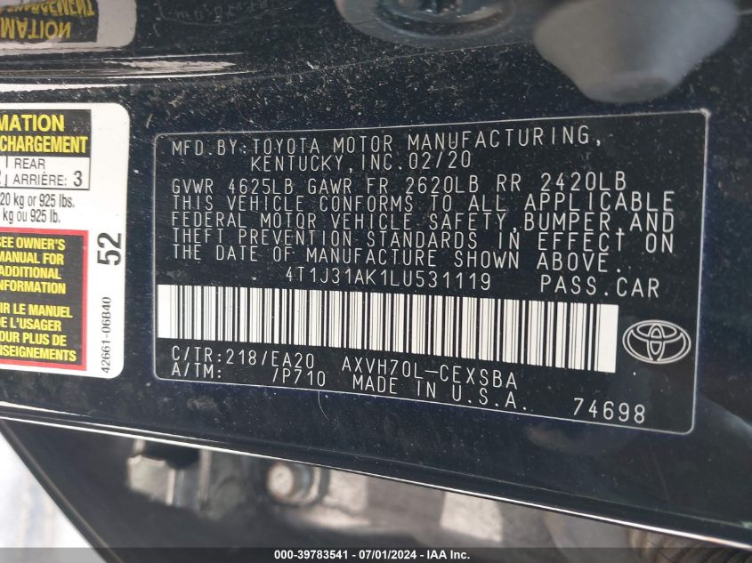 2020 Toyota Camry Se Hybrid VIN: 4T1J31AK1LU531119 Lot: 39783541