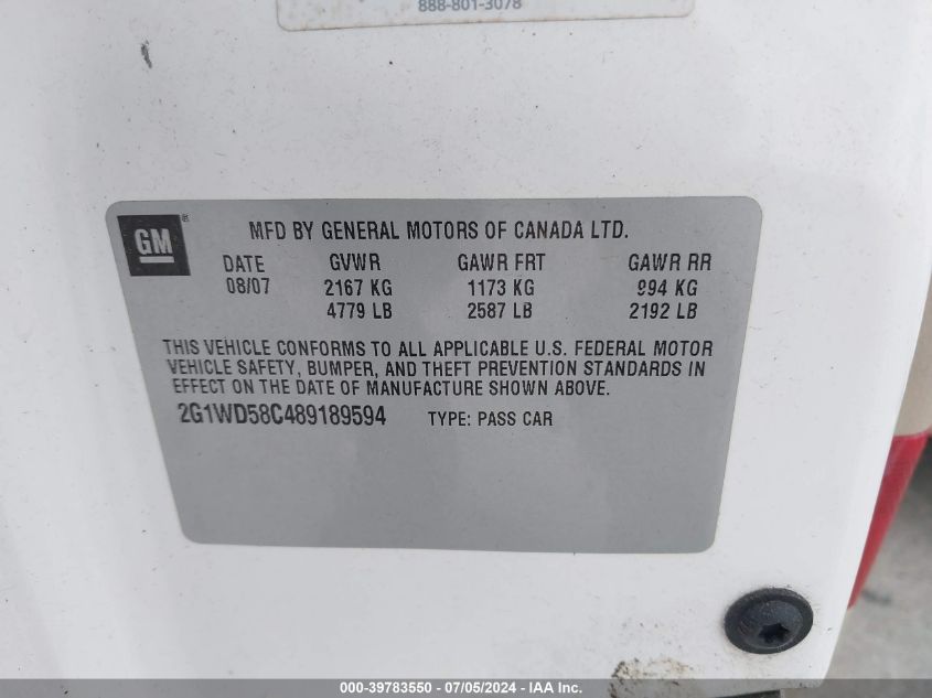 2008 Chevrolet Impala Ss VIN: 2G1WD58C489189594 Lot: 39783550