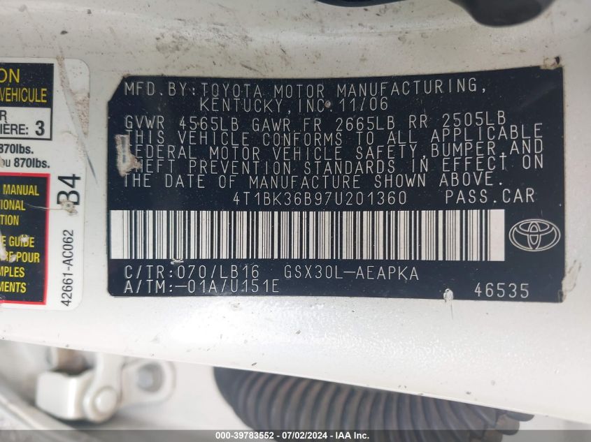 2007 Toyota Avalon Limited VIN: 4T1BK36B97U201360 Lot: 39783552