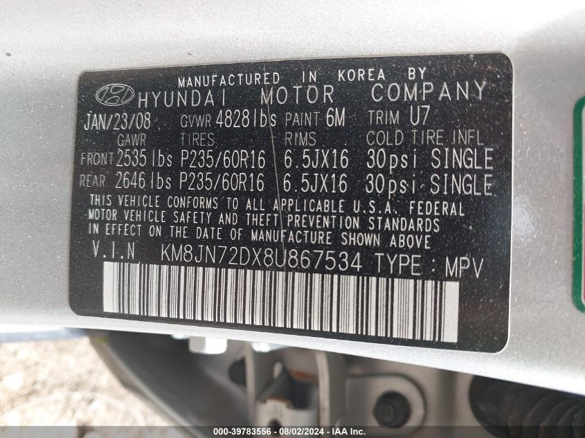 2008 Hyundai Tucson Limited V6/Se VIN: KM8JN72DX8U867534 Lot: 39783556