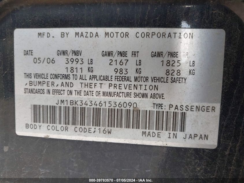 2006 Mazda Mazda3 S Grand Touring VIN: JM1BK343461536090 Lot: 39783570