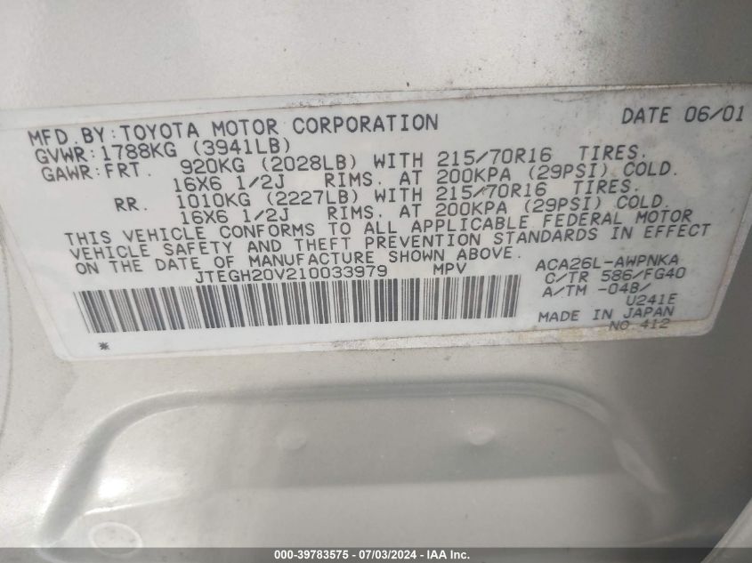 2001 Toyota Rav4 VIN: JTEGH20V210033979 Lot: 39783575