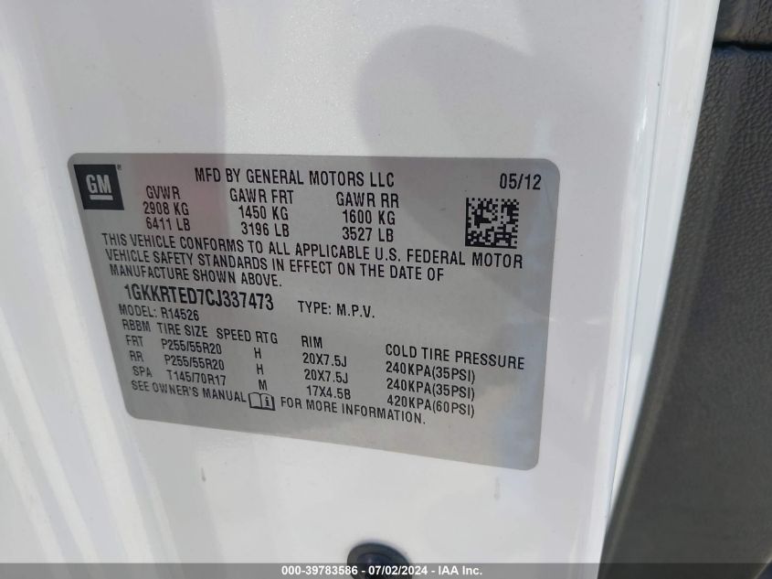 2012 GMC Acadia Denali VIN: 1GKKRTED7CJ337473 Lot: 39783586