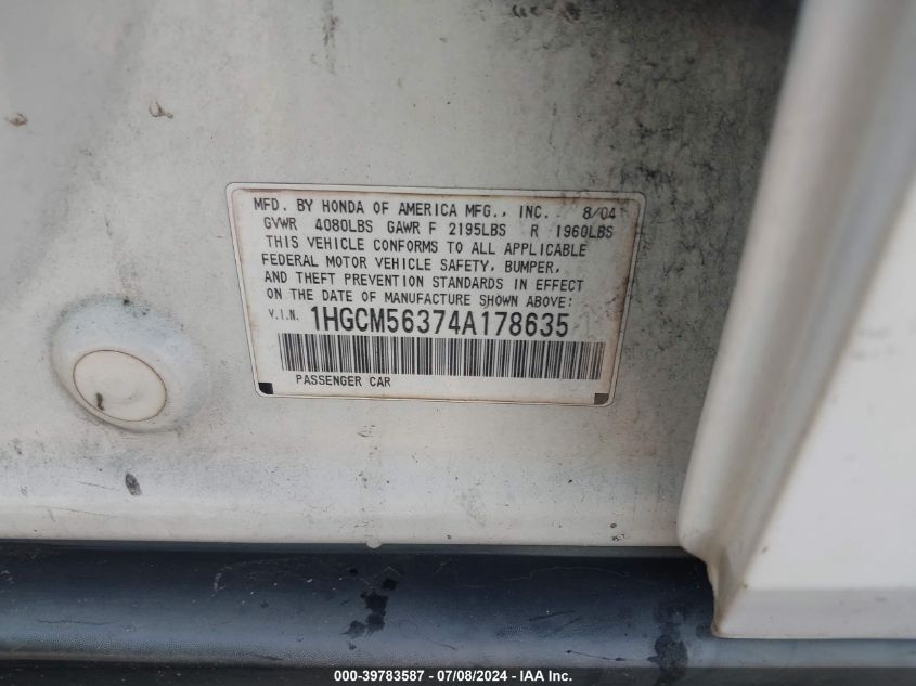 2004 Honda Accord 2.4 Lx VIN: 1HGCM56374A178635 Lot: 39783587