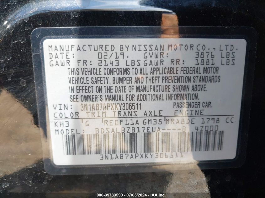 2019 Nissan Sentra S VIN: 3N1AB7APXKY306511 Lot: 39783590