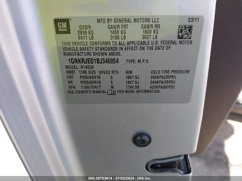 2011 Chevrolet Traverse Lt VIN: 1GNKRJED1BJ346854 Lot: 39783614