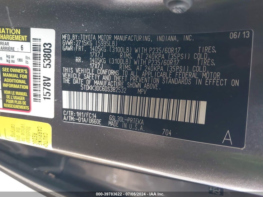 2013 Toyota Sienna Le V6 8 Passenger VIN: 5TDKK3DC6DS382532 Lot: 39783622