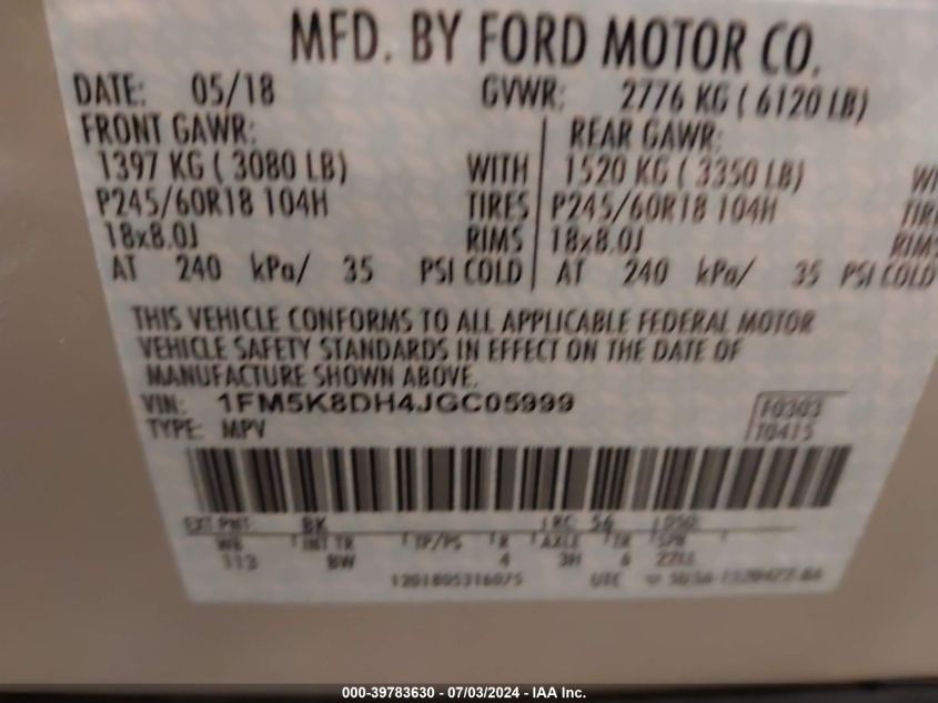 2018 Ford Explorer Xlt VIN: 1FM5K8DH4JGC05999 Lot: 39783630