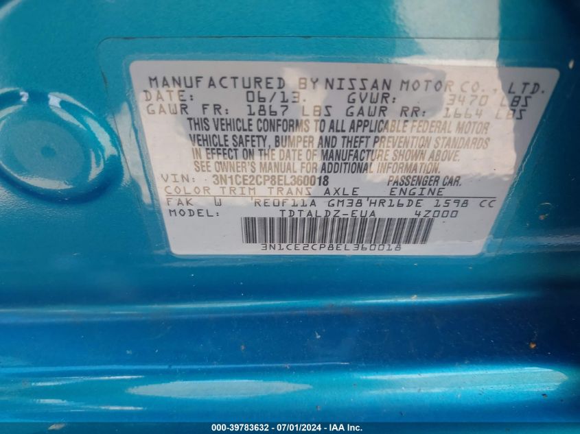 2014 Nissan Versa Note Sv VIN: 3N1CE2CP8EL360018 Lot: 39783632