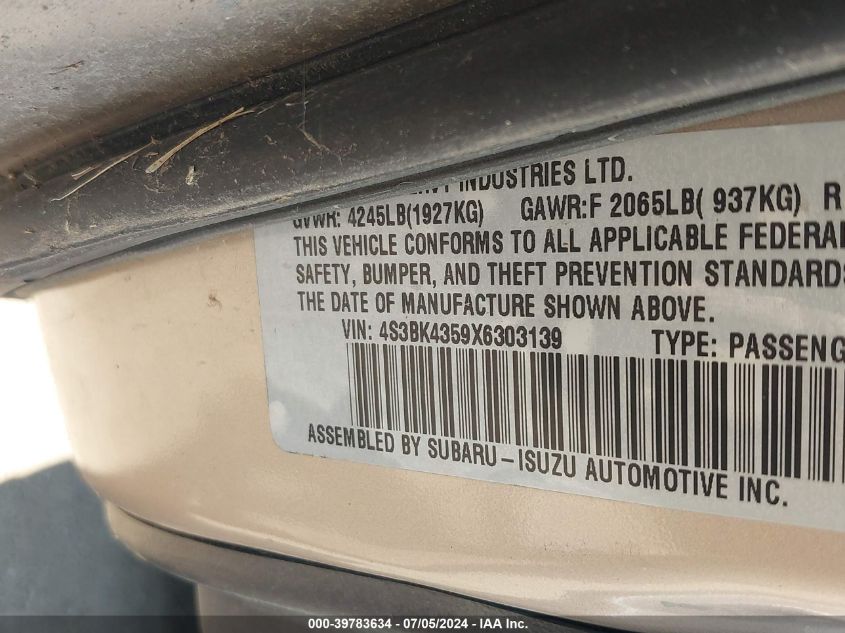 1999 Subaru Legacy 30Th Ann. L/L VIN: 4S3BK4359X6303139 Lot: 39783634
