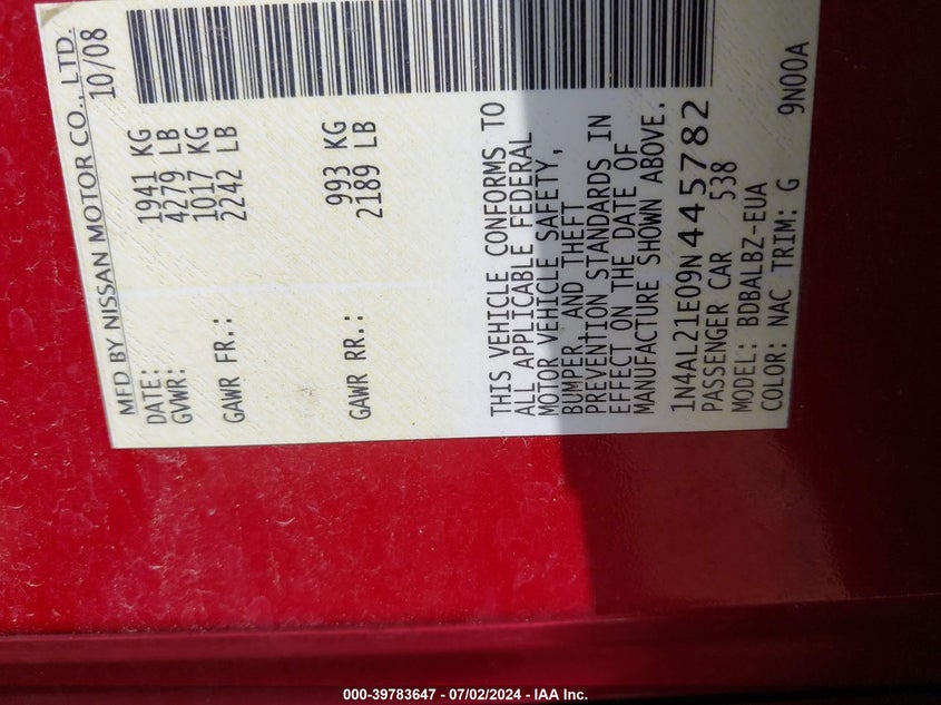 2009 Nissan Altima 2.5 S VIN: 1N4AL21E09N445782 Lot: 39783647