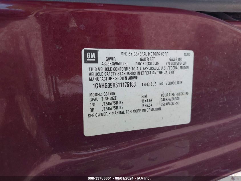 2001 Chevrolet Express G3500 VIN: 1GAHG39R311176188 Lot: 39783651