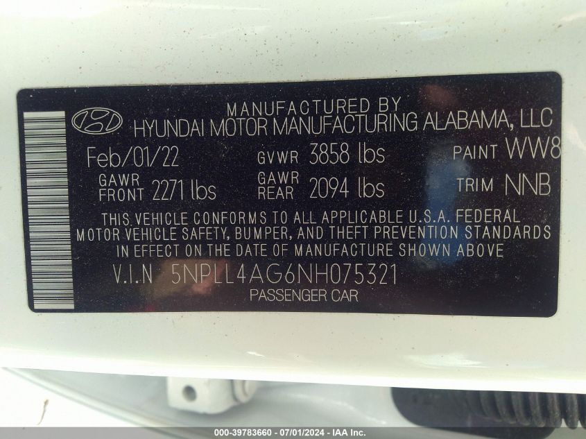 5NPLL4AG6NH075321 2022 Hyundai Elantra Se