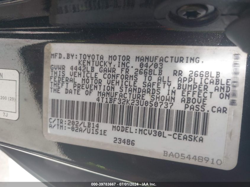 2003 Toyota Camry Se V6 VIN: 4T1BF32K23U050737 Lot: 39783667