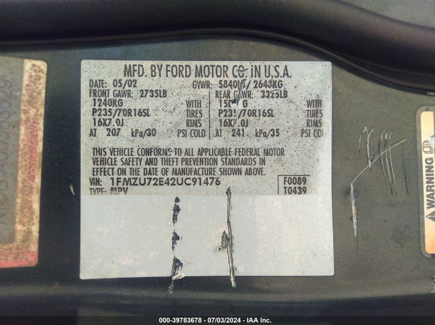 2002 Ford Explorer Xls VIN: 1FMZU72E42UC91476 Lot: 39783678