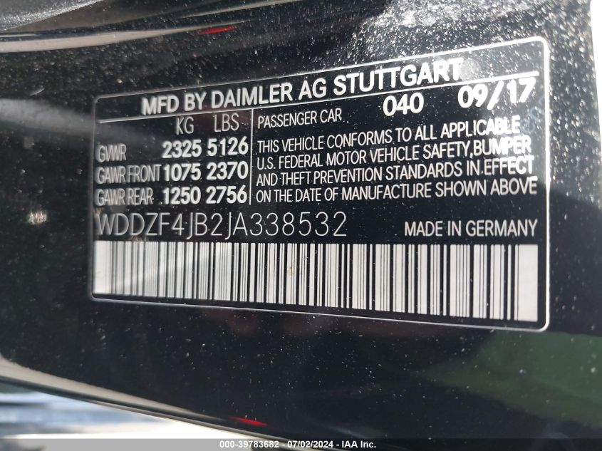 2018 Mercedes-Benz E 300 VIN: WDDZF4JB2JA338532 Lot: 39783682