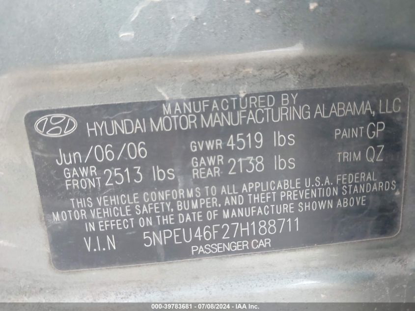 2007 Hyundai Sonata Se/Limited VIN: 5NPEU46F27H188711 Lot: 39783681