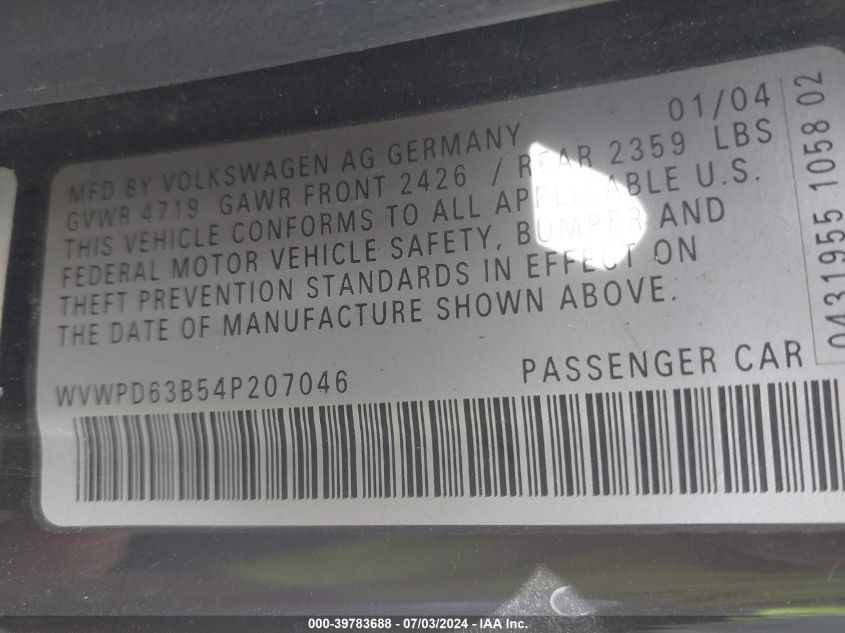2004 Volkswagen Passat Gls VIN: WVWPD63B54P207046 Lot: 39783688