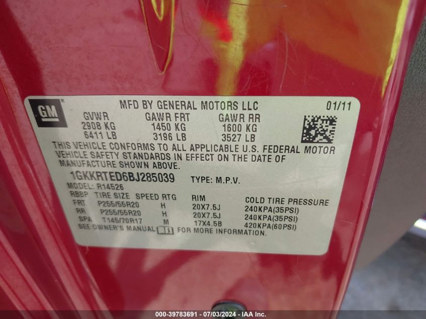 2011 GMC Acadia Denali VIN: 1GKKRTED6BJ285039 Lot: 39783691