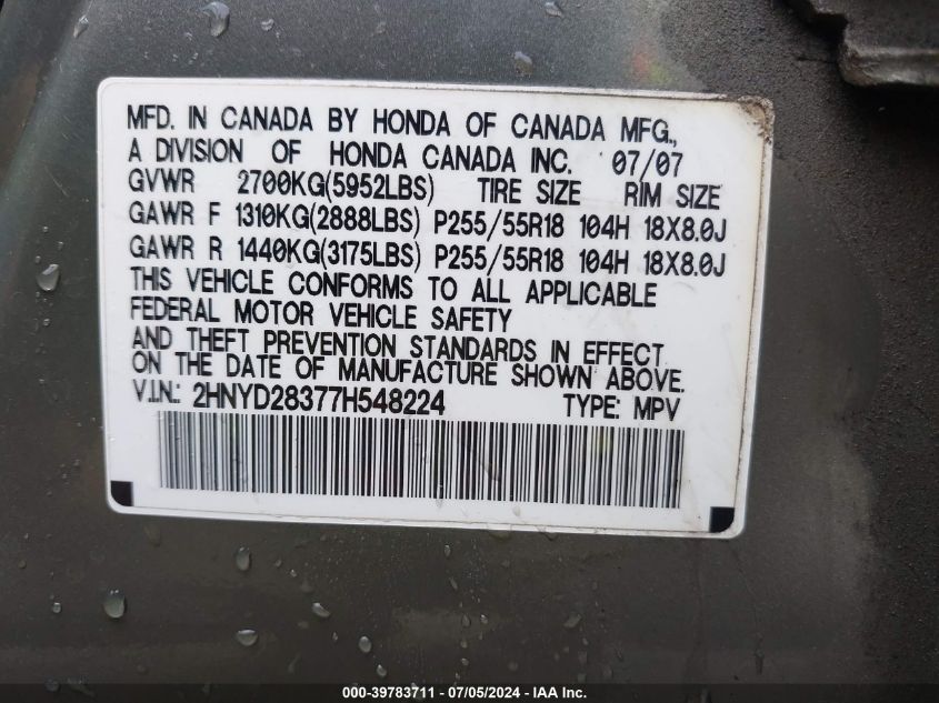 2007 Acura Mdx Technology Package VIN: 2HNYD28377H548224 Lot: 39783711