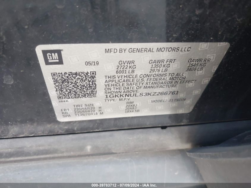 2019 GMC Acadia Slt-1 VIN: 1GKKNULS3KZ266761 Lot: 39783712