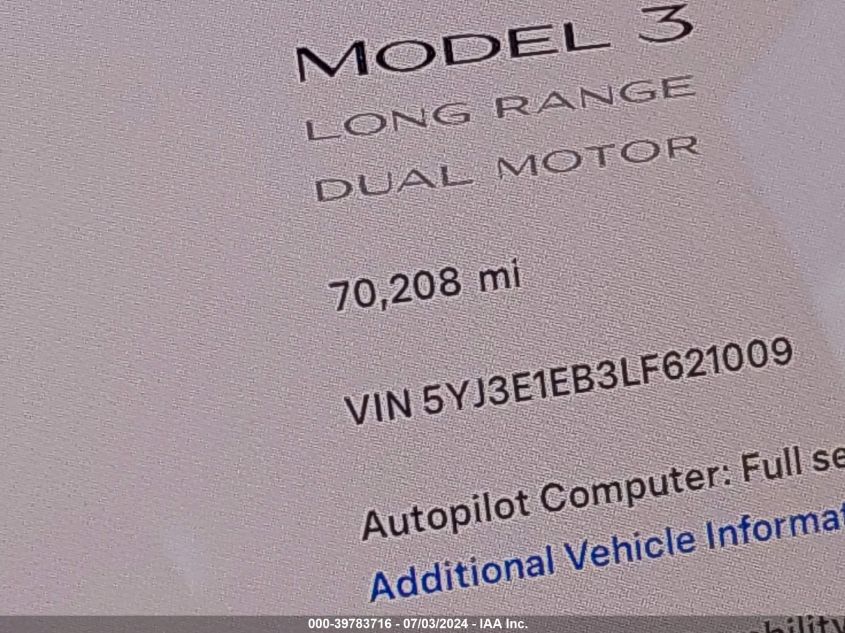 2020 Tesla Model 3 Long Range Dual Motor All-Wheel Drive VIN: 5YJ3E1EB3LF621009 Lot: 39783716