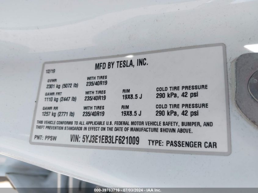 2020 Tesla Model 3 Long Range Dual Motor All-Wheel Drive VIN: 5YJ3E1EB3LF621009 Lot: 39783716