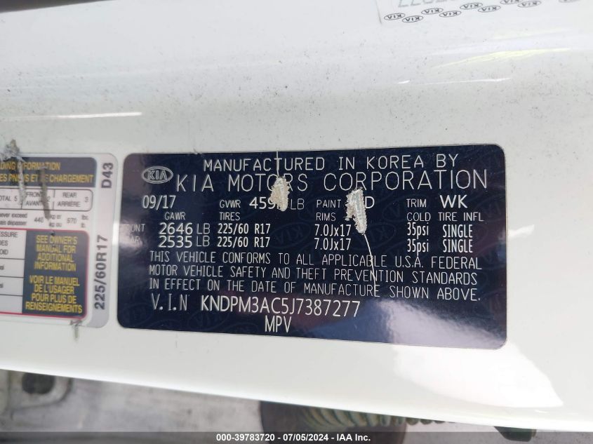 2018 Kia Sportage Lx VIN: KNDPM3AC5J7387277 Lot: 39783720