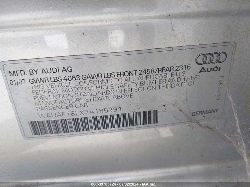 2007 Audi A4 2/Turbo VIN: WAUAF78EX7A185994 Lot: 39783724