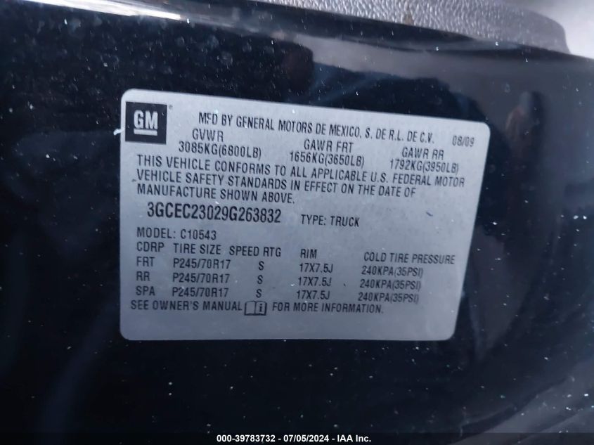 2009 Chevrolet Silverado 1500 Lt VIN: 3GCEC23029G263832 Lot: 39783732