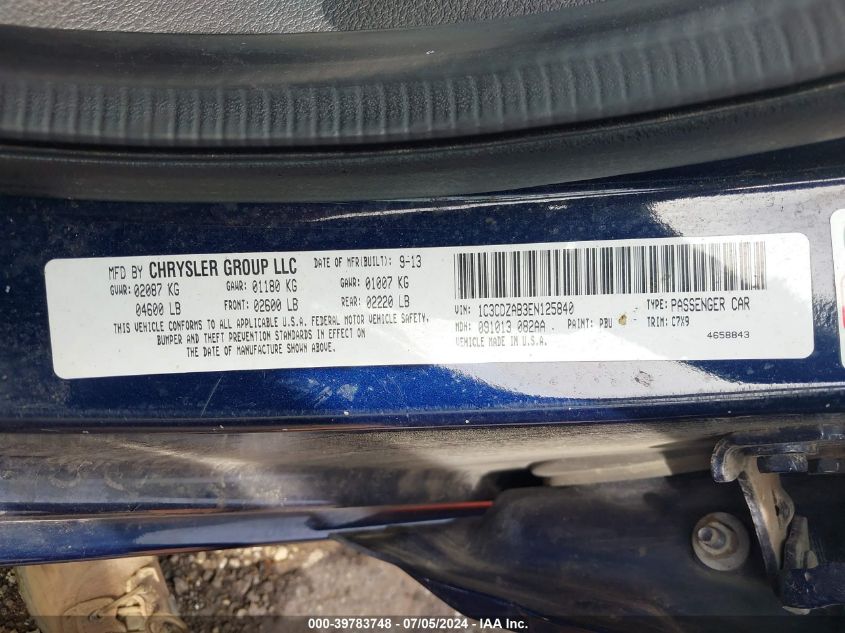 2014 Dodge Avenger Se VIN: 1C3CDZAB3EN125840 Lot: 39783748