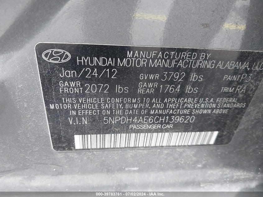 2012 Hyundai Elantra Gls VIN: 5NPDH4AE6CH139620 Lot: 39783761